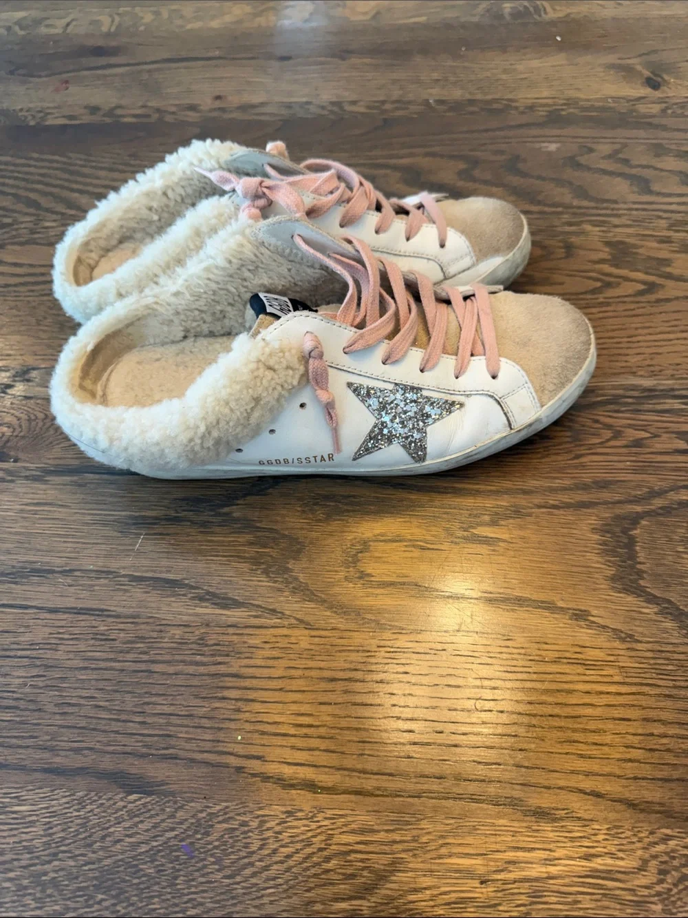 Golden Goose Women’s Beige & Pink Shearling-Lined Sneakers with Glitter Star